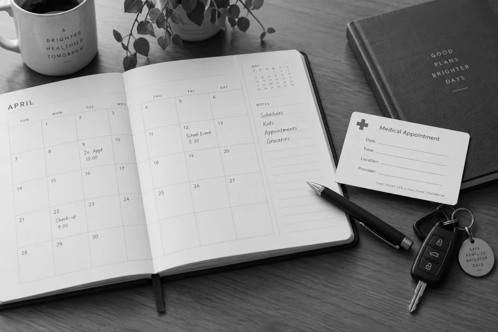 Calendar, appointment papers and a pen on a desk