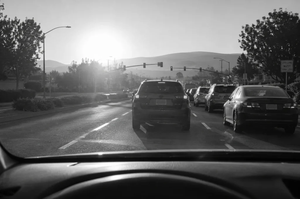 Low sunlight over commuter traffic on a road