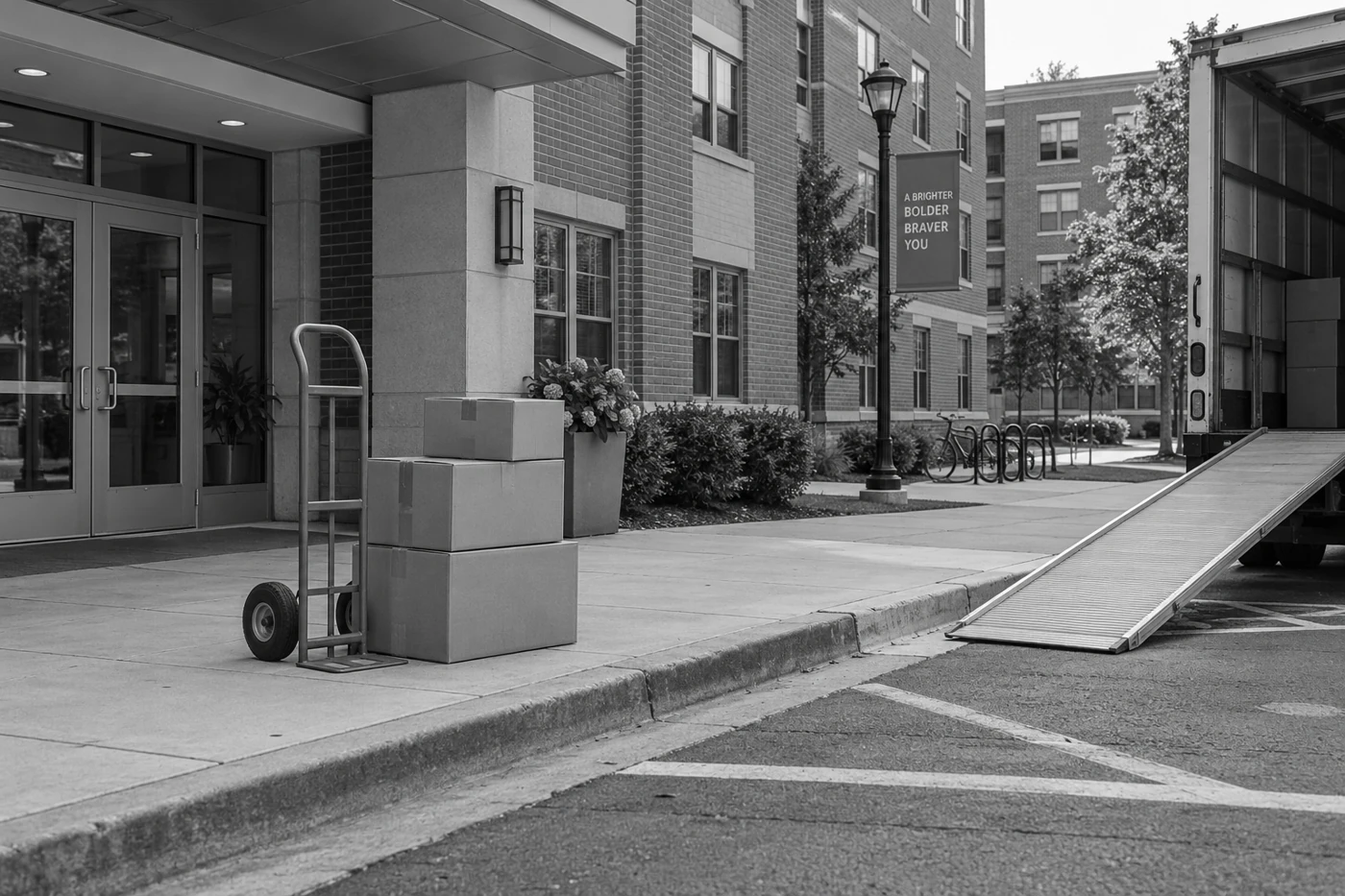 Moving boxes and a loading ramp beside a vehicle outside a college building