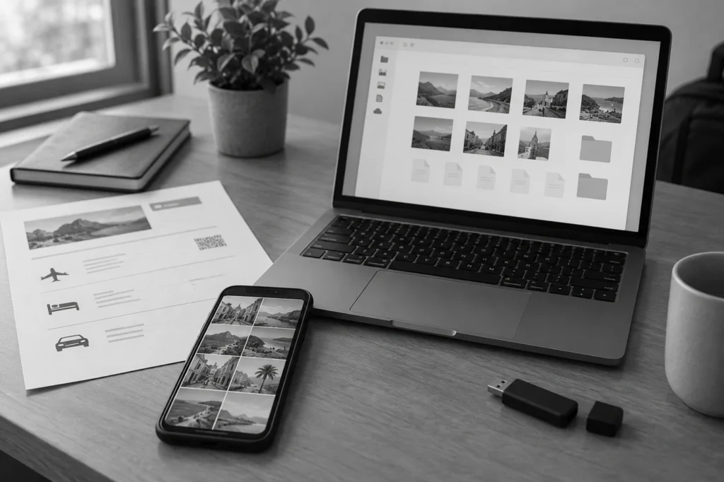 Phone, laptop and trip records arranged on a desk
