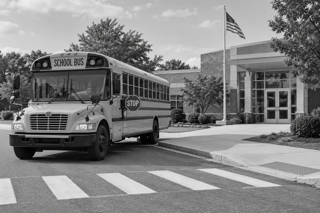 School bus with its stop arm extended beside a school curb