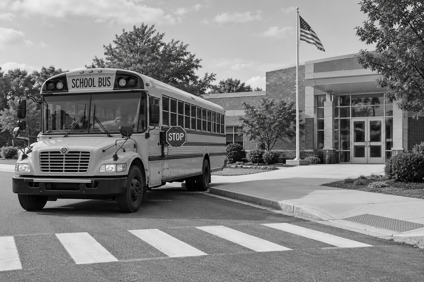 School bus with its stop arm extended beside a school curb