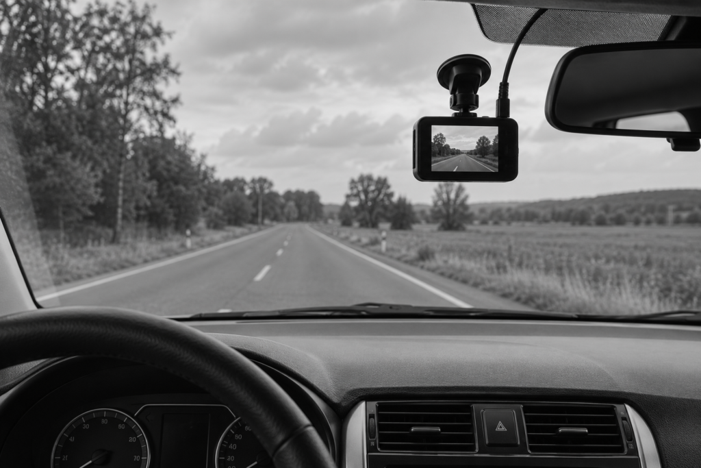 Black-and-white dashboard camera mounted near a rear-view mirror with a road visible through the windshield