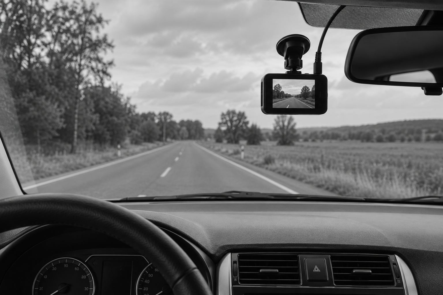 Black-and-white dashboard camera mounted near a rear-view mirror with a road visible through the windshield