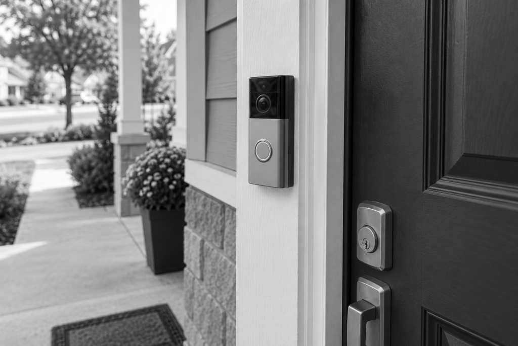 Black-and-white video doorbell mounted beside a residential front door