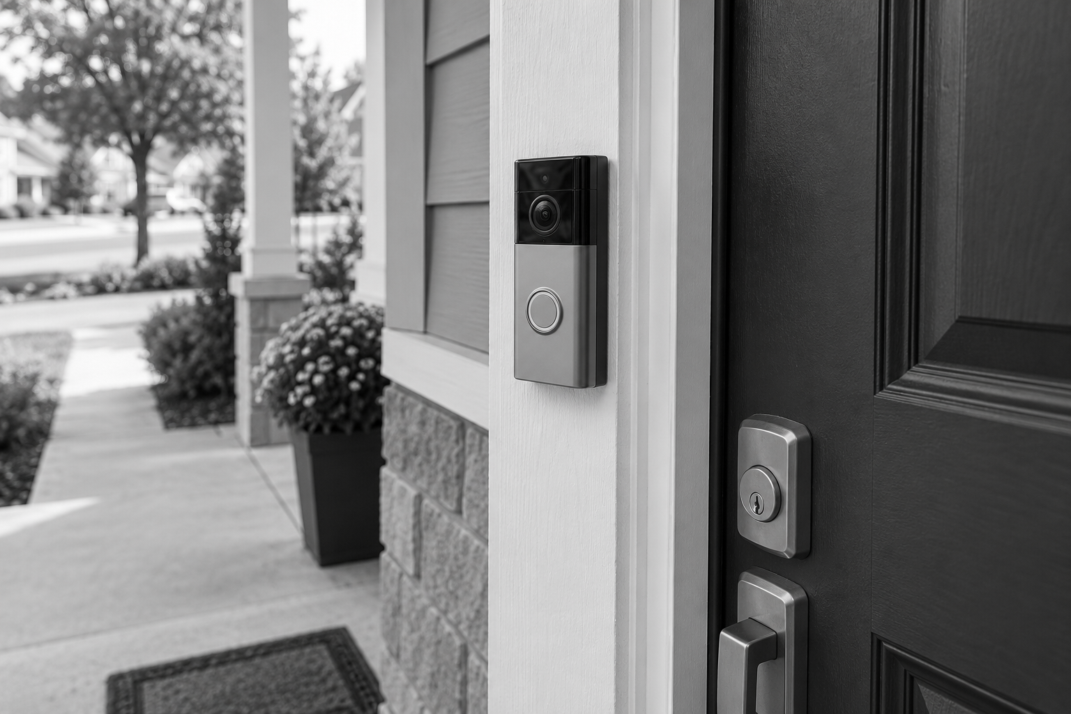 Black-and-white video doorbell mounted beside a residential front door