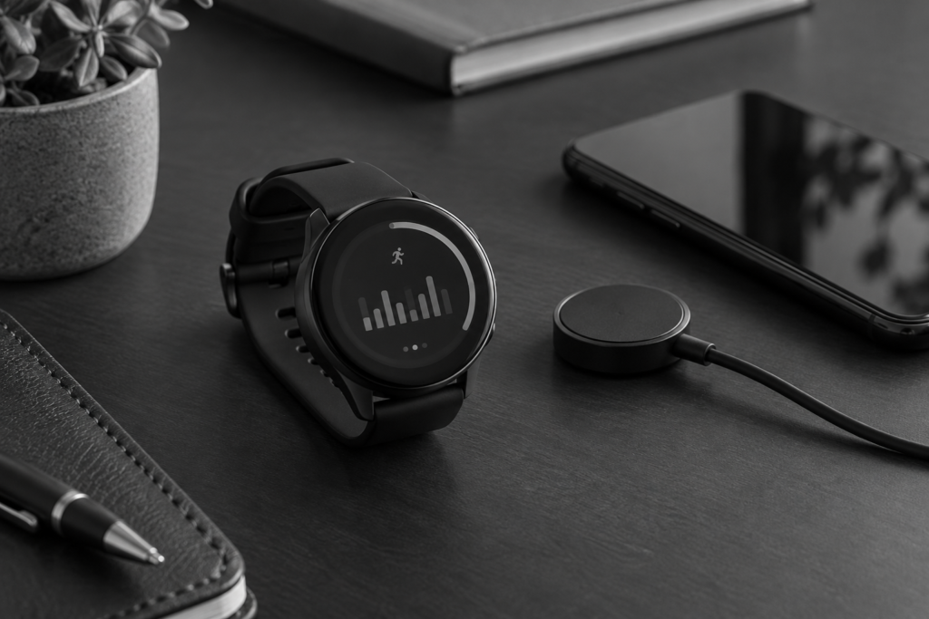 Black-and-white smartwatch with an activity chart beside a phone and charging cable