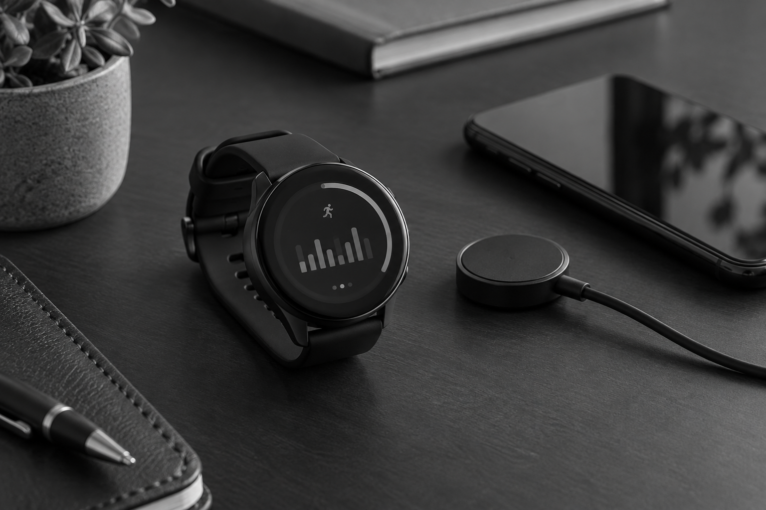 Black-and-white smartwatch with an activity chart beside a phone and charging cable