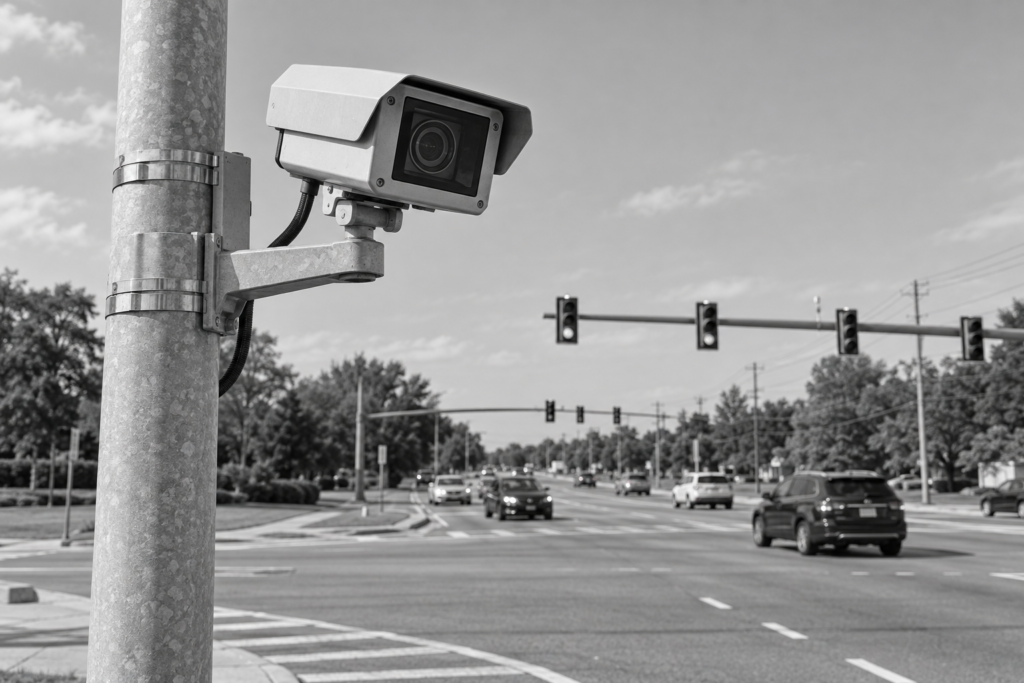 Black-and-white traffic-monitoring camera on a pole beside an intersection