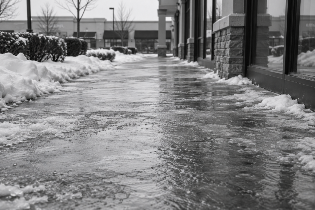 Black-and-white icy commercial walkway with snow along the storefront edges