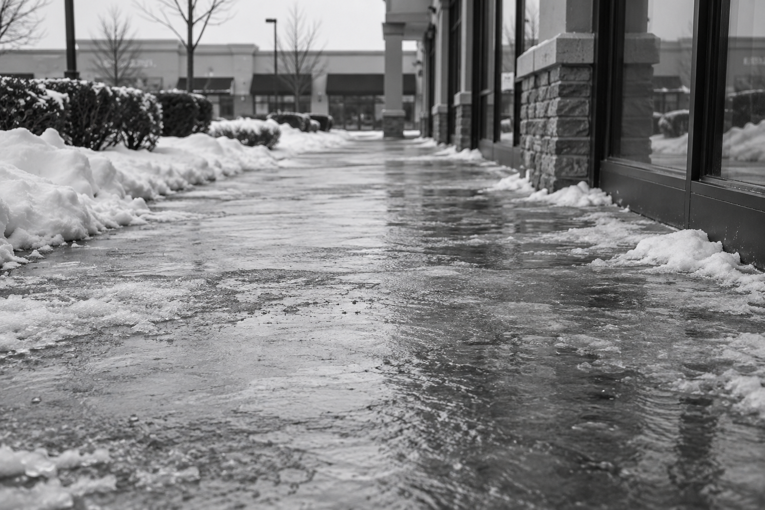 Black-and-white icy commercial walkway with snow along the storefront edges
