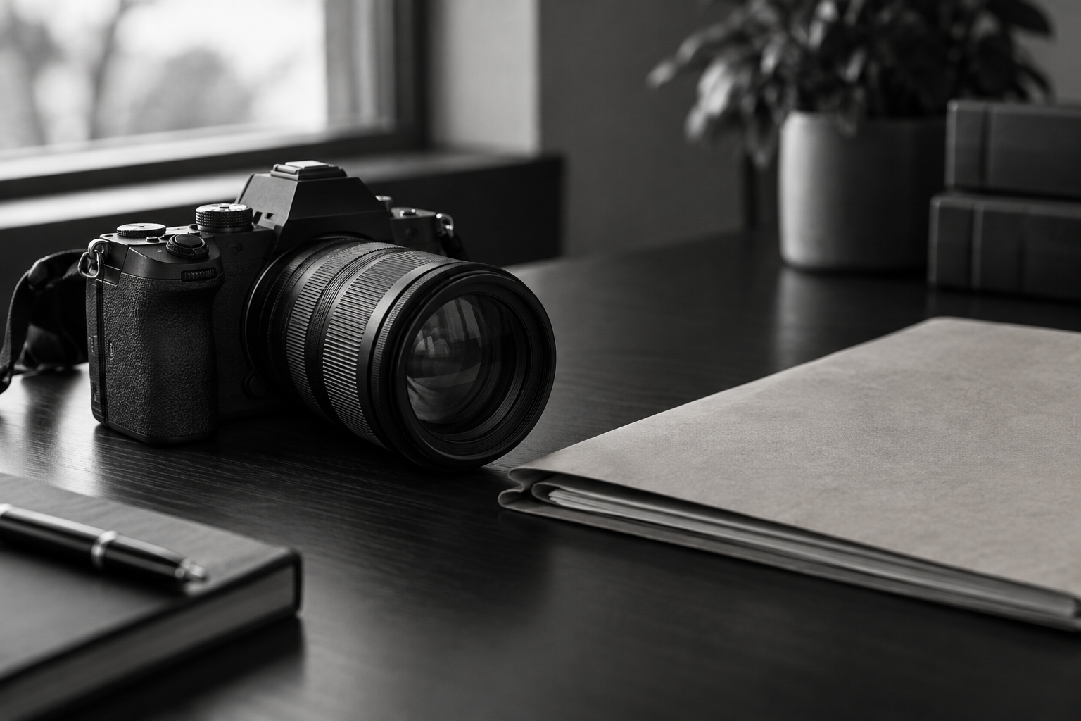 Black-and-white digital camera and plain case folder on a desk