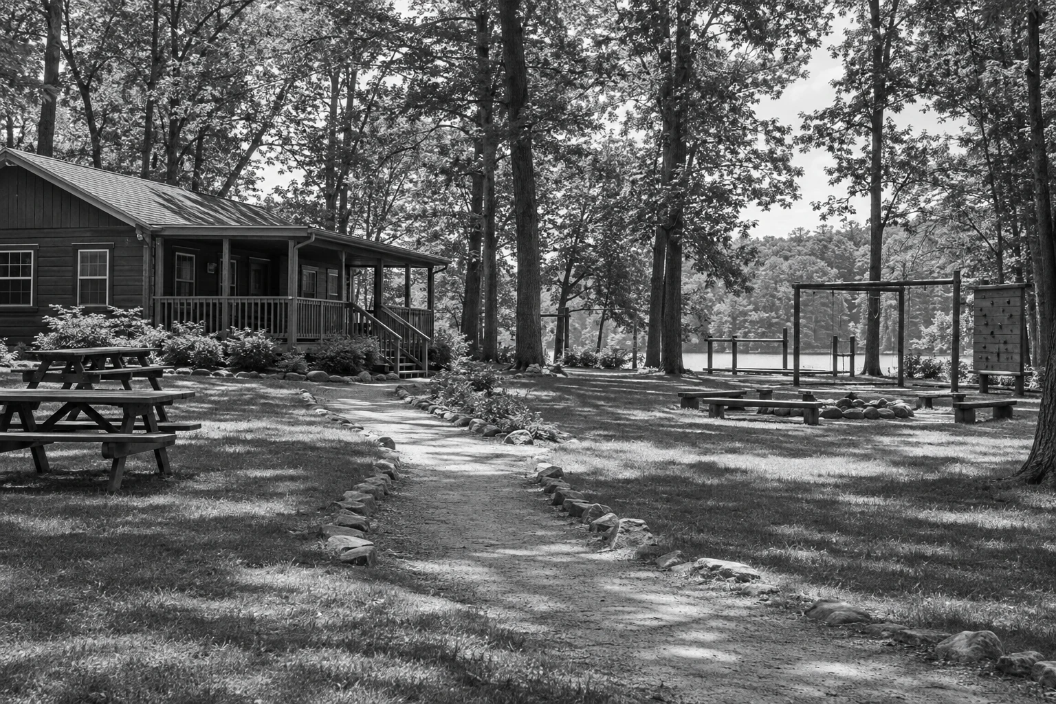 Empty summer-camp grounds with cabins and picnic tables
