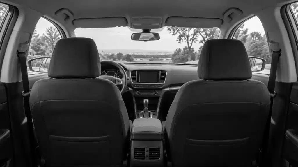 Passenger car interior showing seats and seat belts