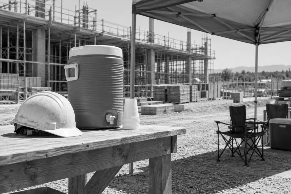 Hard hat and water cooler beside shaded chairs at an empty construction site