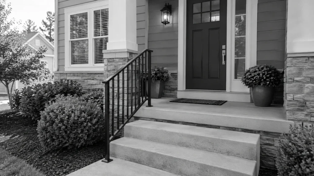 Residential entrance with steps and a handrail