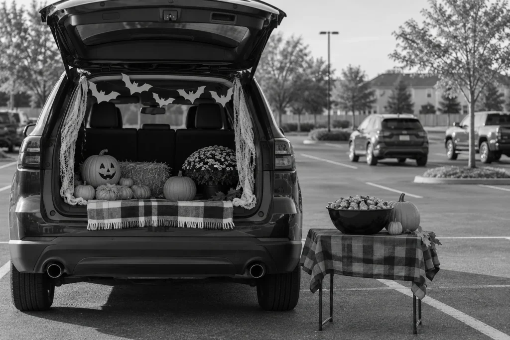 Parked SUV decorated for a trunk-or-treat event with a candy table