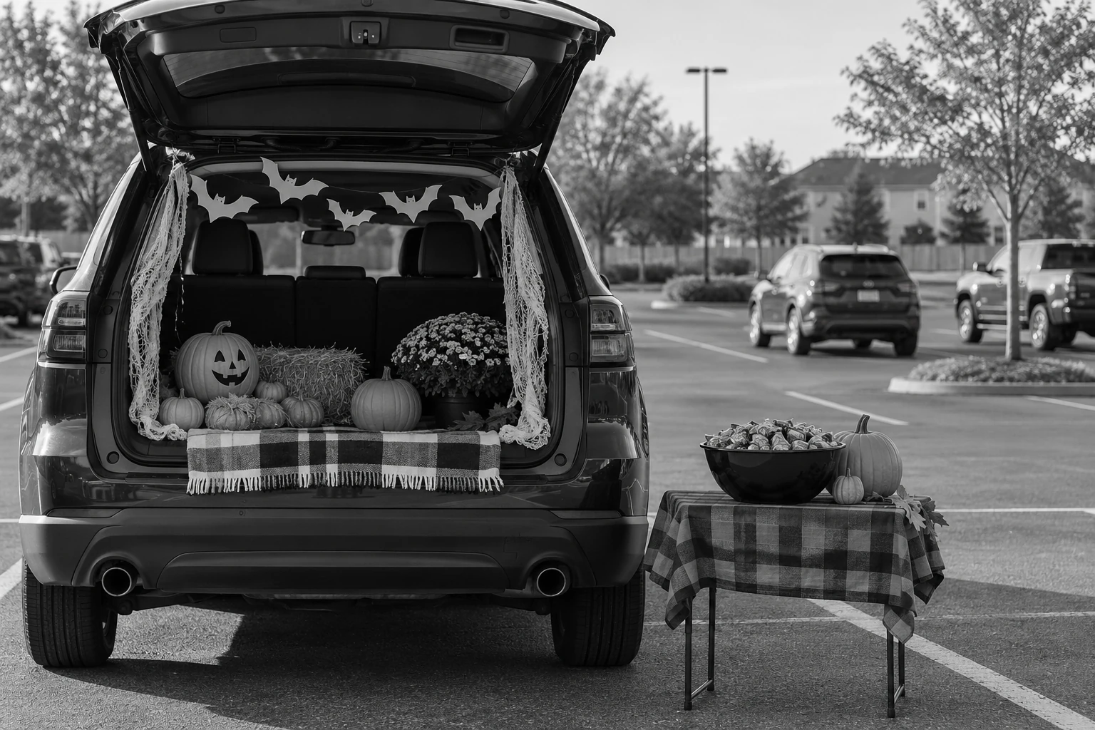 Parked SUV decorated for a trunk-or-treat event with a candy table