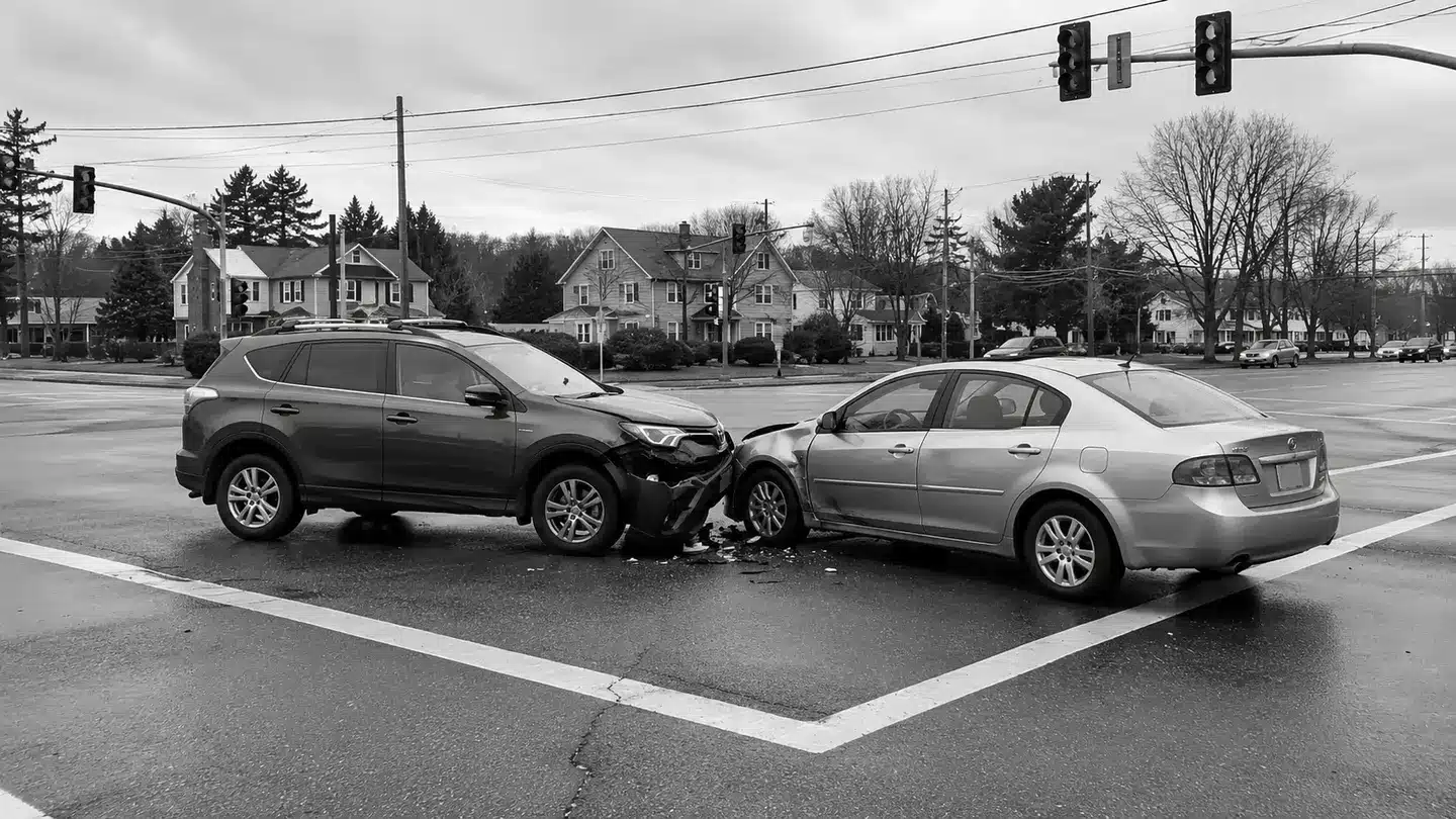 Two damaged cars at an intersection