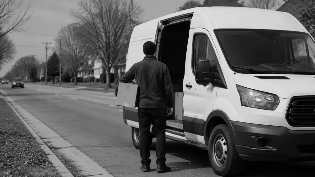 Delivery van parked beside a residential street