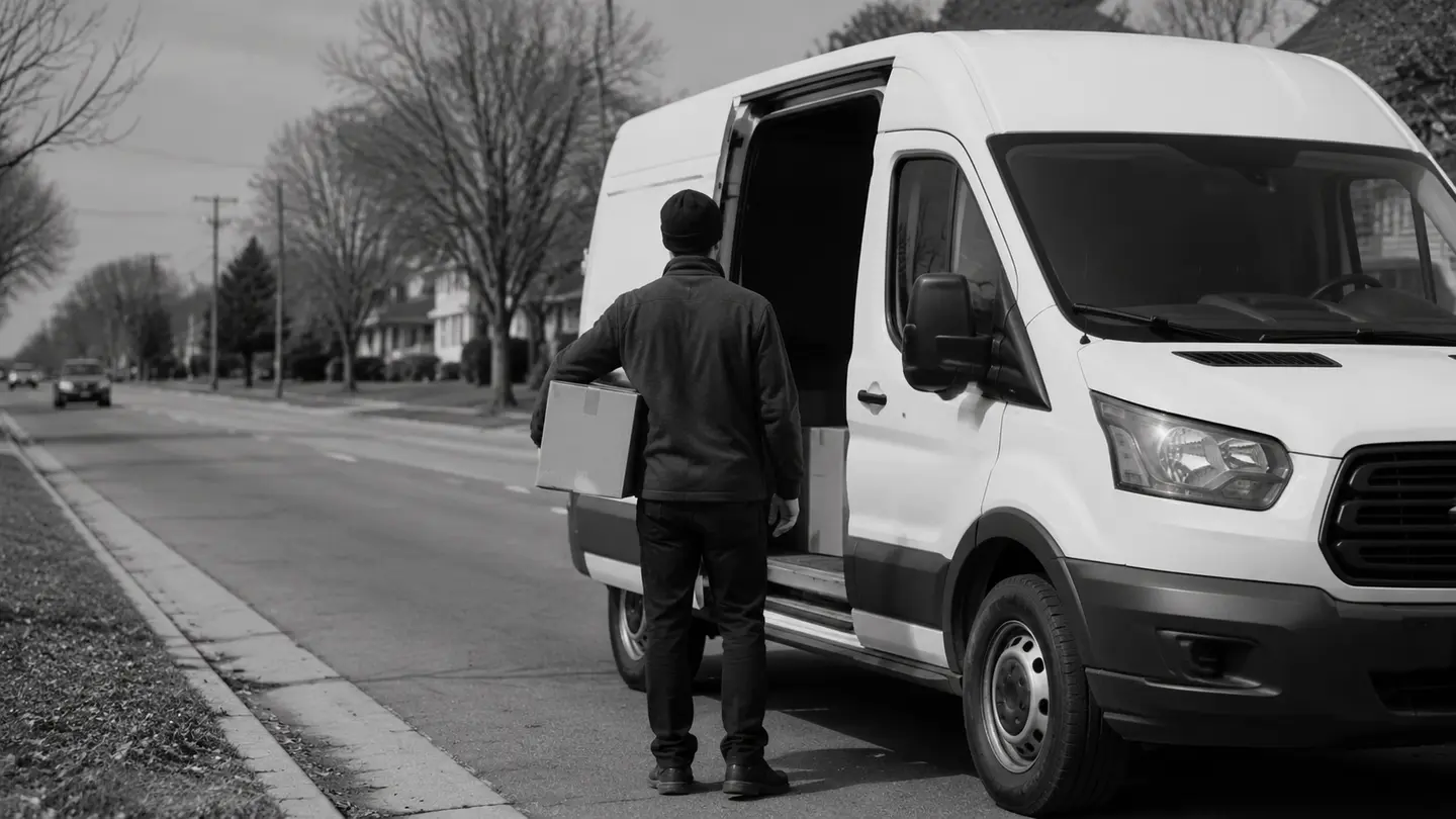 Delivery van parked beside a residential street