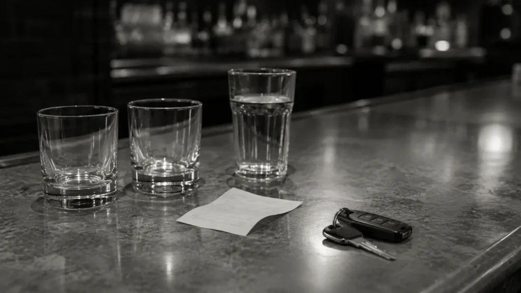 Drinking glasses, a receipt and car keys on an empty bar