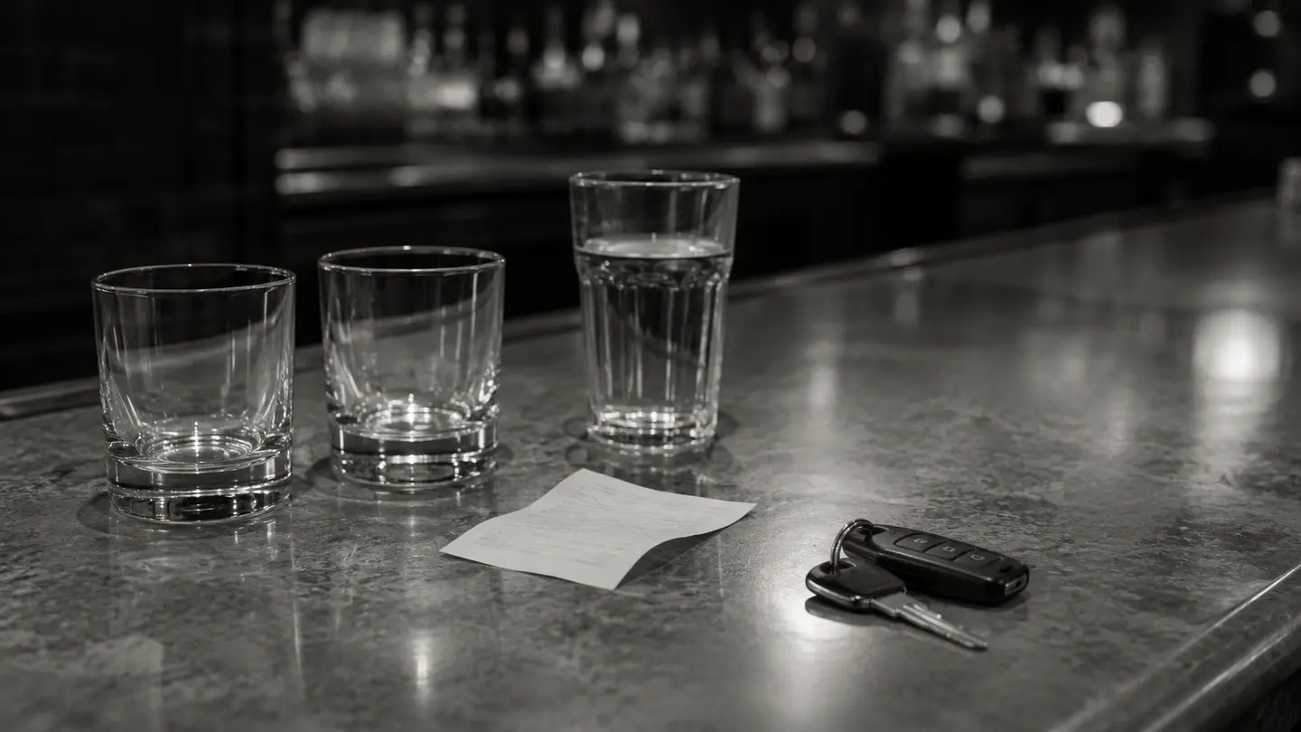 Drinking glasses, a receipt and car keys on an empty bar