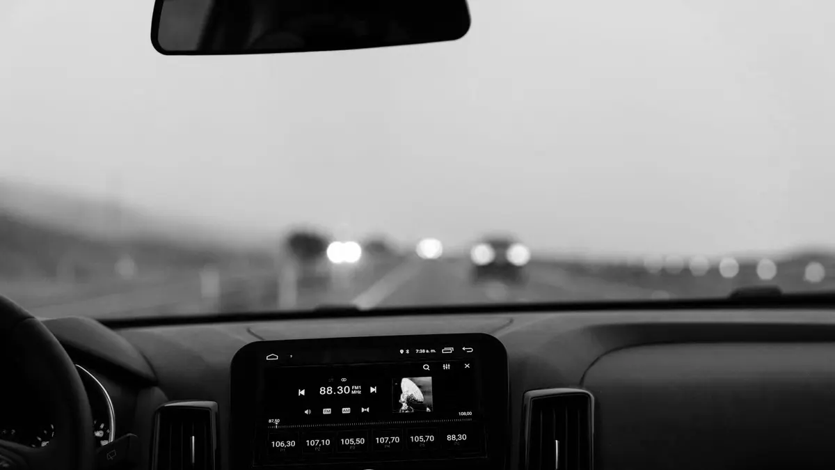 Grayscale stock photograph illustrating driver assistance self driving