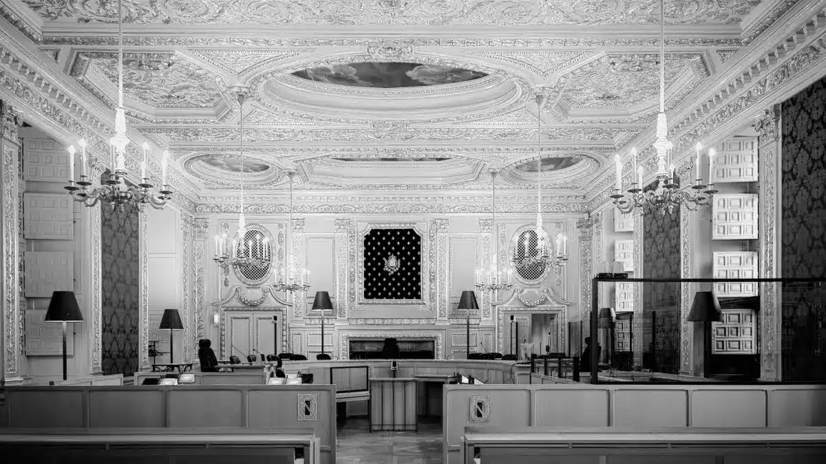 Grayscale stock photograph illustrating state court federal injury