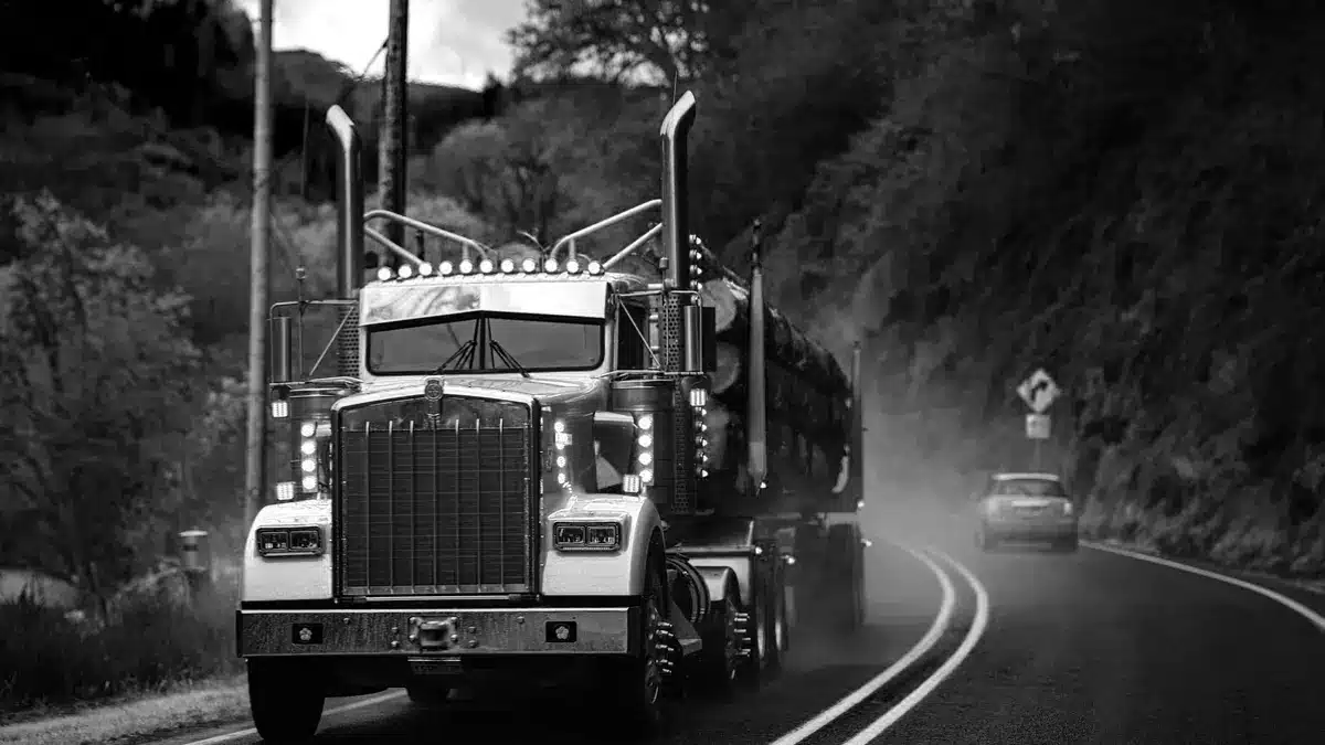 Grayscale stock photograph illustrating truck accident
