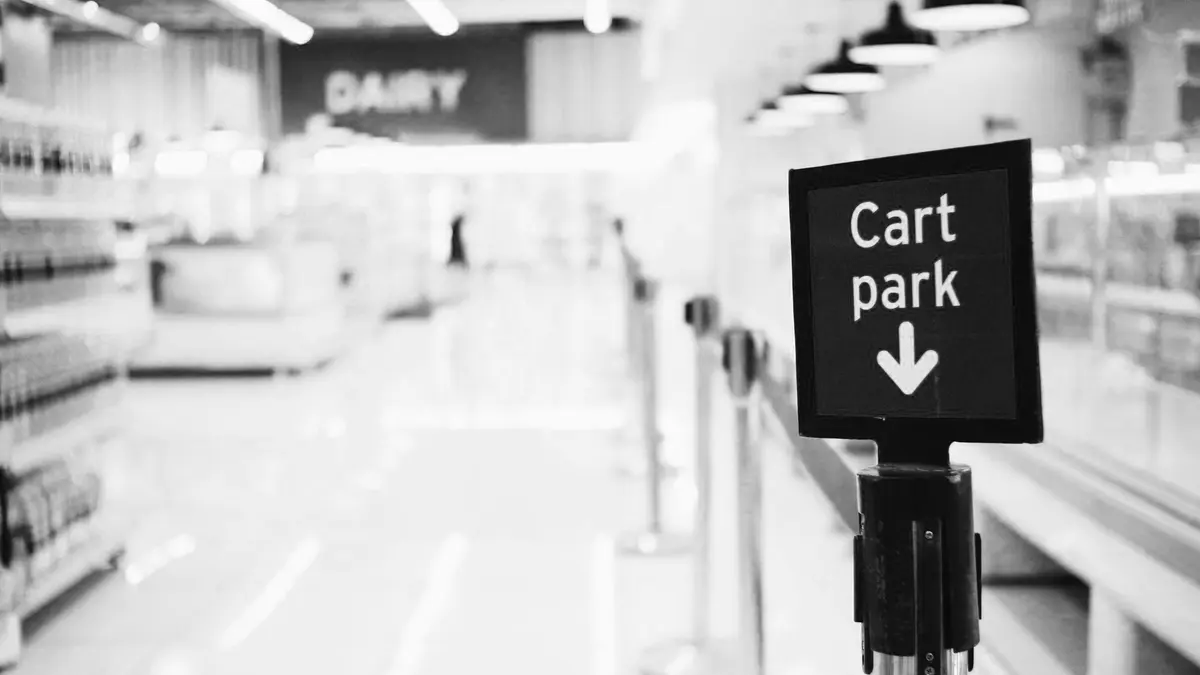 Grayscale stock photograph illustrating supermarket fall