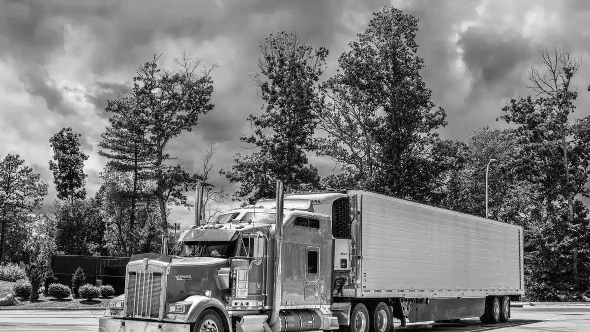 Grayscale stock photograph illustrating truck telematics accident